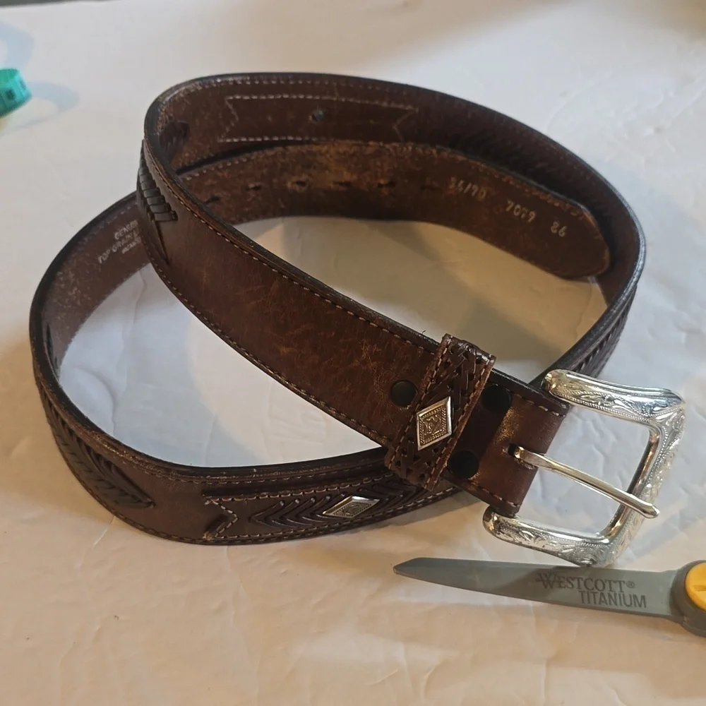 Mens Brown Premium Woven Leather Western Belt With Silver Buckle Sz.L/XL